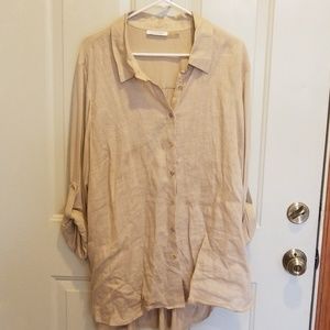 Linen button up, high/low tunic blouse.